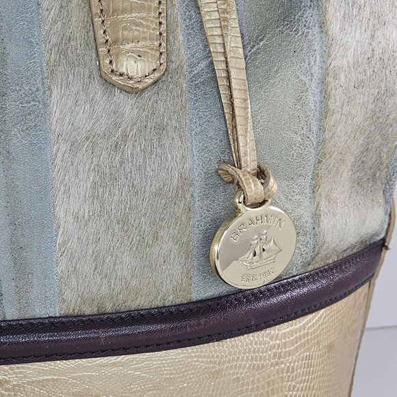 Brahmin Medium Classy Asher Leather Shoulder Tote Bag Gold Tones Calf Hair - Picture 3 of 16